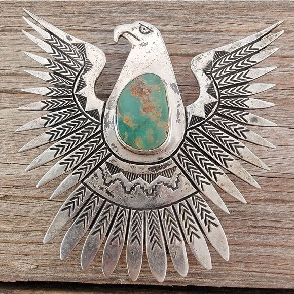 Vintage Navajo Large Eagle Thunderbird Royston Turquoise Bolo Tie - Picture 2 of 11